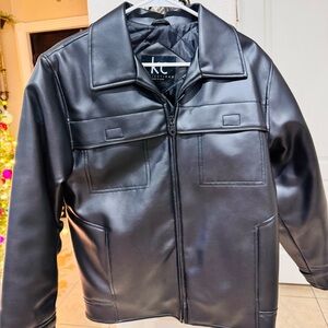 Sleek Black Leather Bomber Jacket by KC